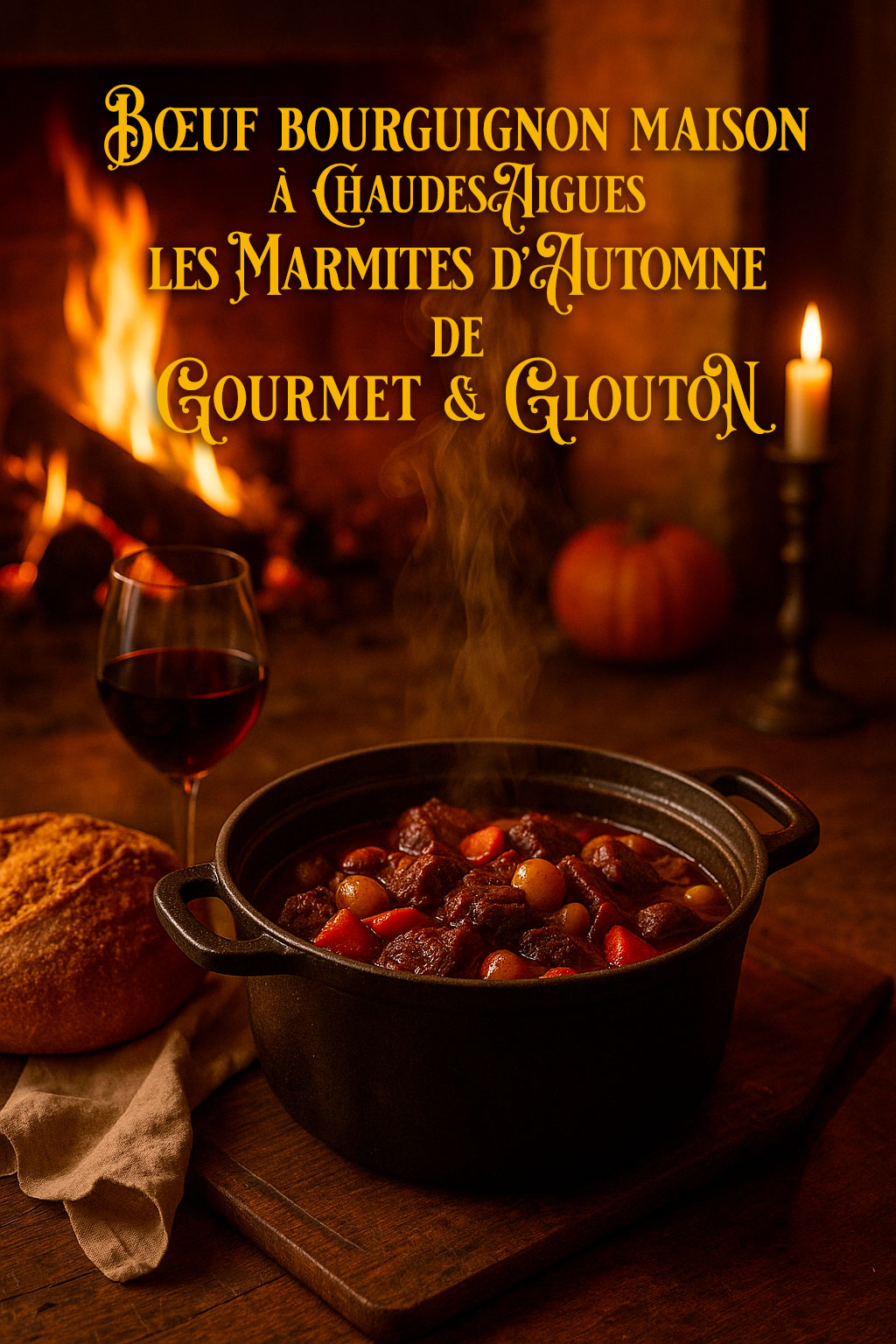 Cocotte en fonte fumante de bœuf bourguignon d’Aubrac servie chez Gourmet & Glouton à ChaudesAigues, accompagnée de pommes vapeur et d’un verre de vin rouge du Domaine des Terres de Mallyce à Raziguères.