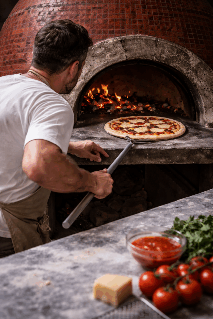Cuisson d’une pizza au feu de bois dans un four traditionnel par un pizzaiolo dans une trattoria à Chaudes-Aigues dans le Cantal