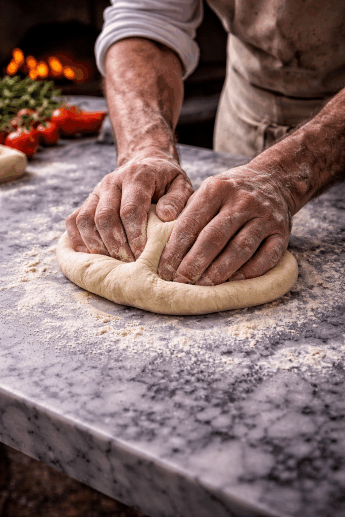 Préparation artisanale de pâte à pizza à la main dans une trattoria à Chaudes-Aigues dans le Cantal