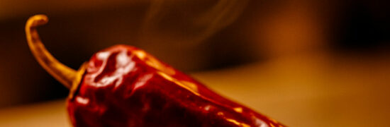 Gros plan sur du piment d’Espelette AOP en poudre et en gousses, mis en scène dans la cuisine du restaurant Gourmet & Glouton à Chaudesaigues