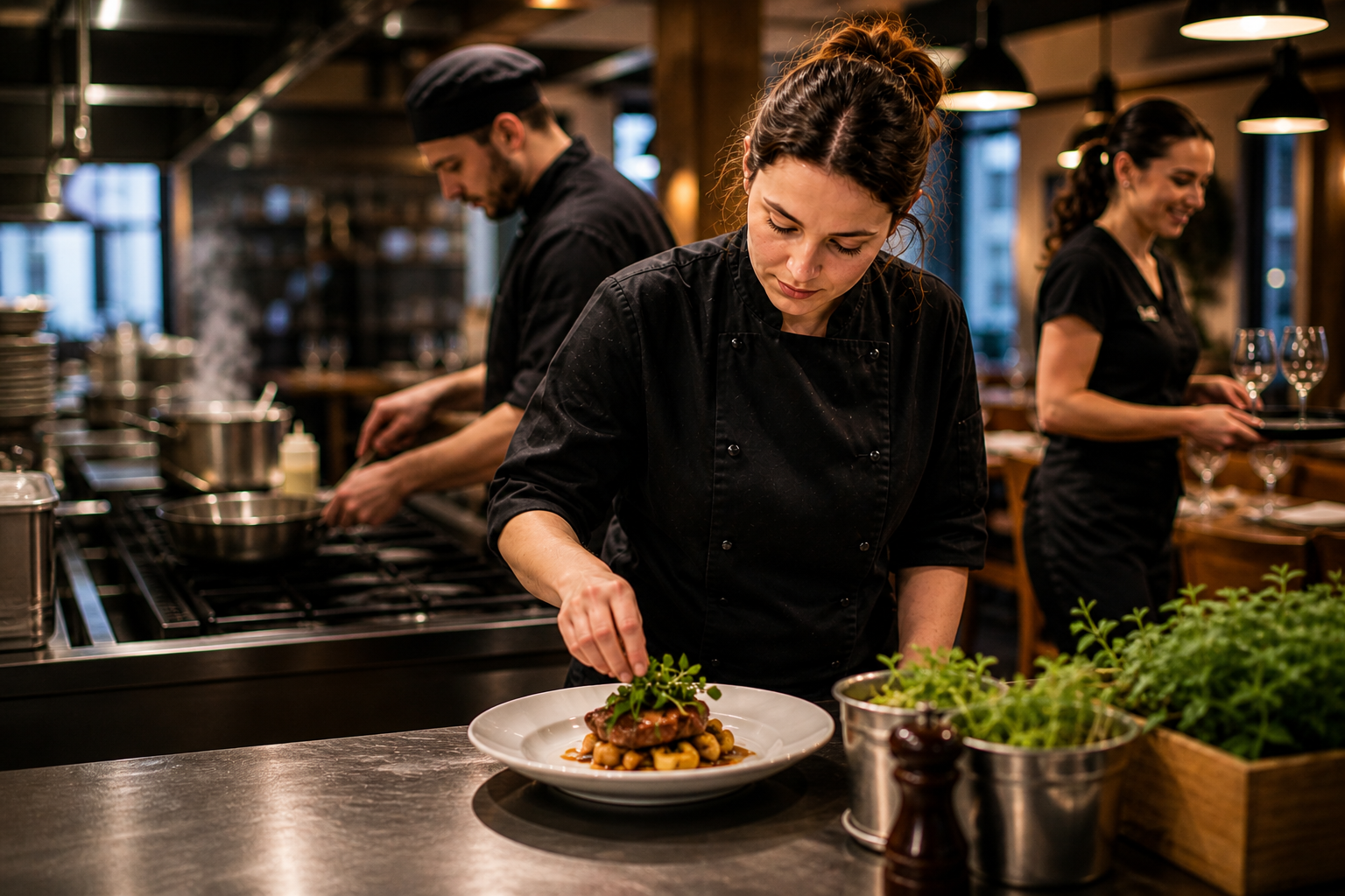 recrutement en restauration à Chaudes-Aigues équipe en cuisine en service