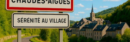 Panneau d’entrée de Chaudes-Aigues en format paysage, éclairé par une lumière douce, symbolisant le retour au calme et la sérénité dans le village.