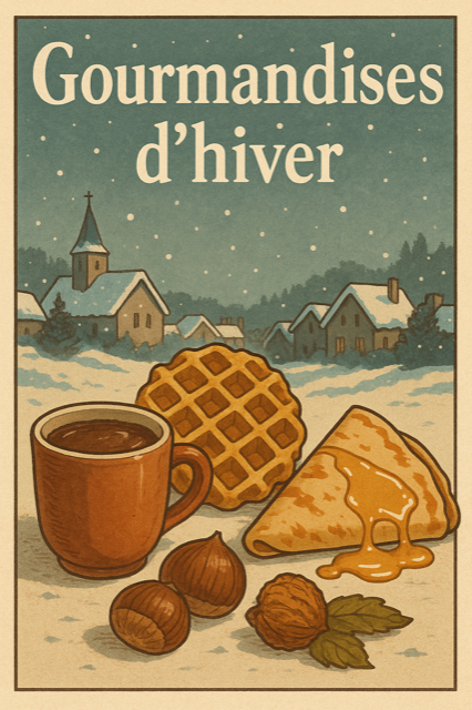 Affiche vintage “Gourmandises d’hiver” montrant un village enneigé, une tasse de chocolat chaud, une gaufre, une part de crêpe au miel et des noix.