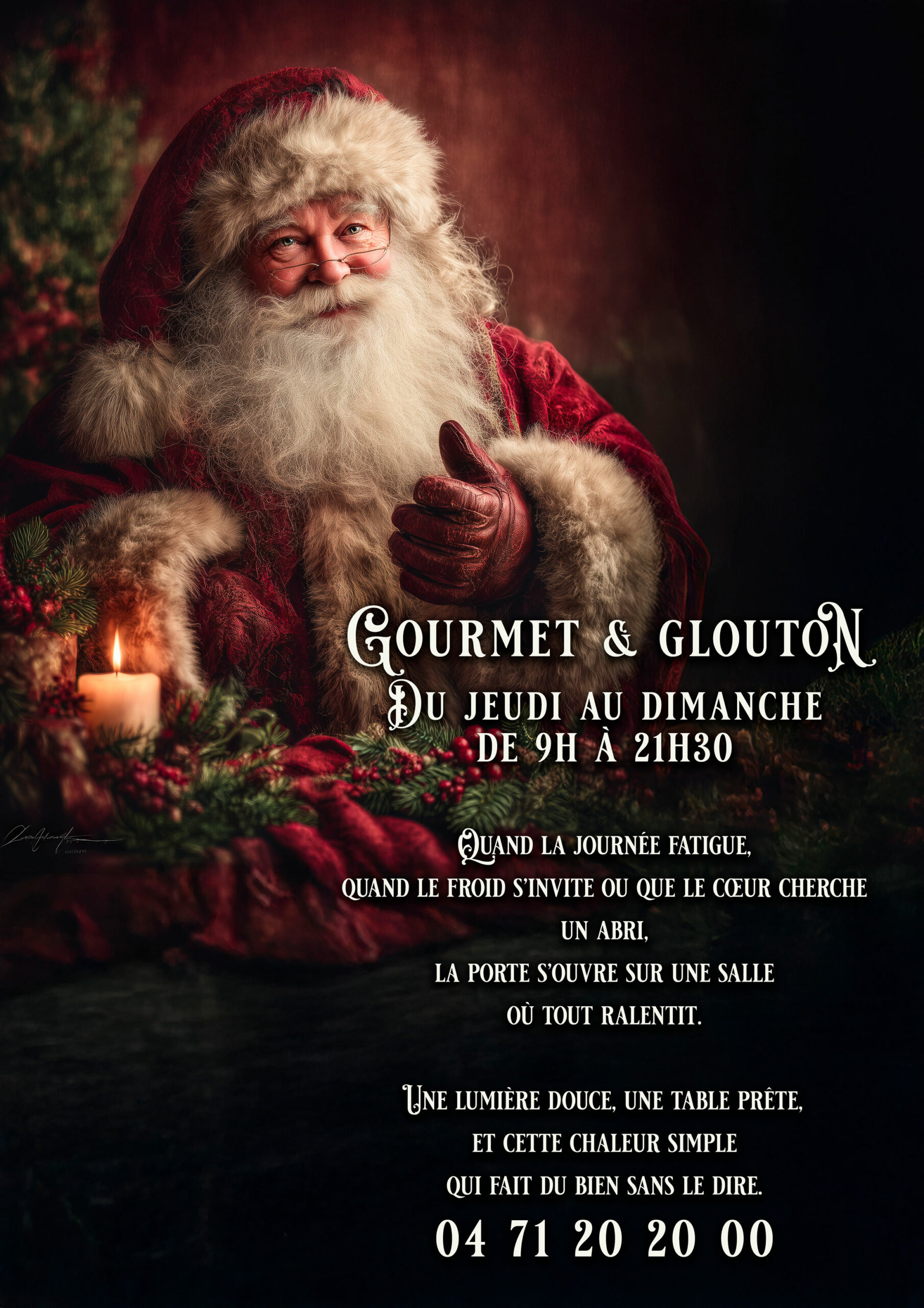 Affiche festive avec un Père Noël vintage annonçant les horaires du restaurant Gourmet & Glouton à Chaudes-Aigues.