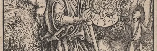 Pèlerin médiéval marchant avec son bâton et sa besace, symbolisant les voyageurs qui passaient par Chaudes-Aigues sur le chemin d’hiver vers Saint-Jacques-de-Compostelle.