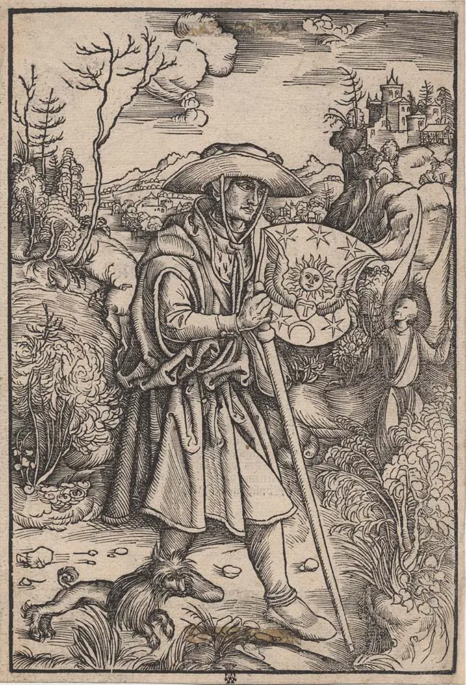 Pèlerin médiéval marchant avec son bâton et sa besace, symbolisant les voyageurs qui passaient par Chaudes-Aigues sur le chemin d’hiver vers Saint-Jacques-de-Compostelle.