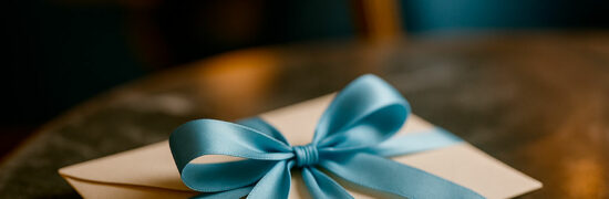 Enveloppe cadeau fermée avec un ruban bleu, posée sur une table en marbre au Salon Bleu de Gourmet & Glouton à Chaudes-Aigues.