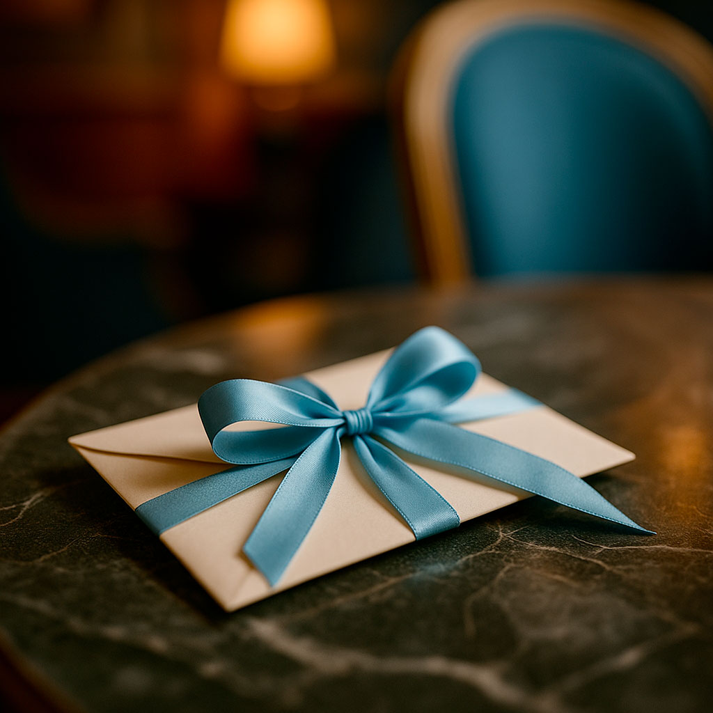 Enveloppe cadeau fermée avec un ruban bleu, posée sur une table en marbre au Salon Bleu de Gourmet & Glouton à Chaudes-Aigues.