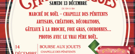 Affiche du Marché de Noël à Chaudes-Aigues, organisée par l’APE, annonçant les animations des 13 et 14 décembre : marché artisanal, gourmandises et bourse aux jouets.