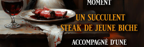 Assiette de biche grillée avec sauce grand veneur, pommes de terre sautées, servie avec un verre et une bouteille de Châteauneuf-du-Pape au restaurant Gourmet & Glouton à Chaudes-Aigues.