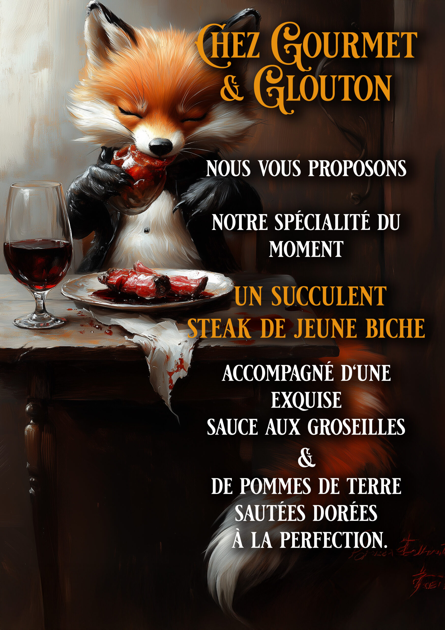 Assiette de biche grillée avec sauce grand veneur, pommes de terre sautées, servie avec un verre et une bouteille de Châteauneuf-du-Pape au restaurant Gourmet & Glouton à Chaudes-Aigues.