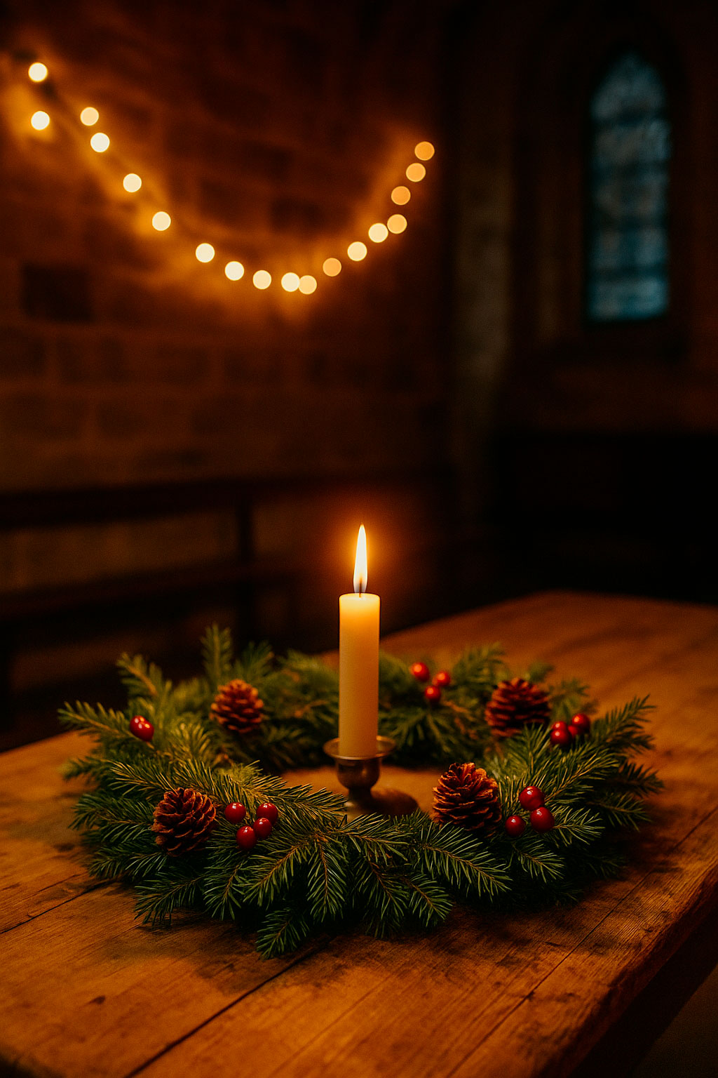 Couronne végétale de Noël éclairée à la bougie dans la chapelle des Pénitents à Chaudes-Aigues