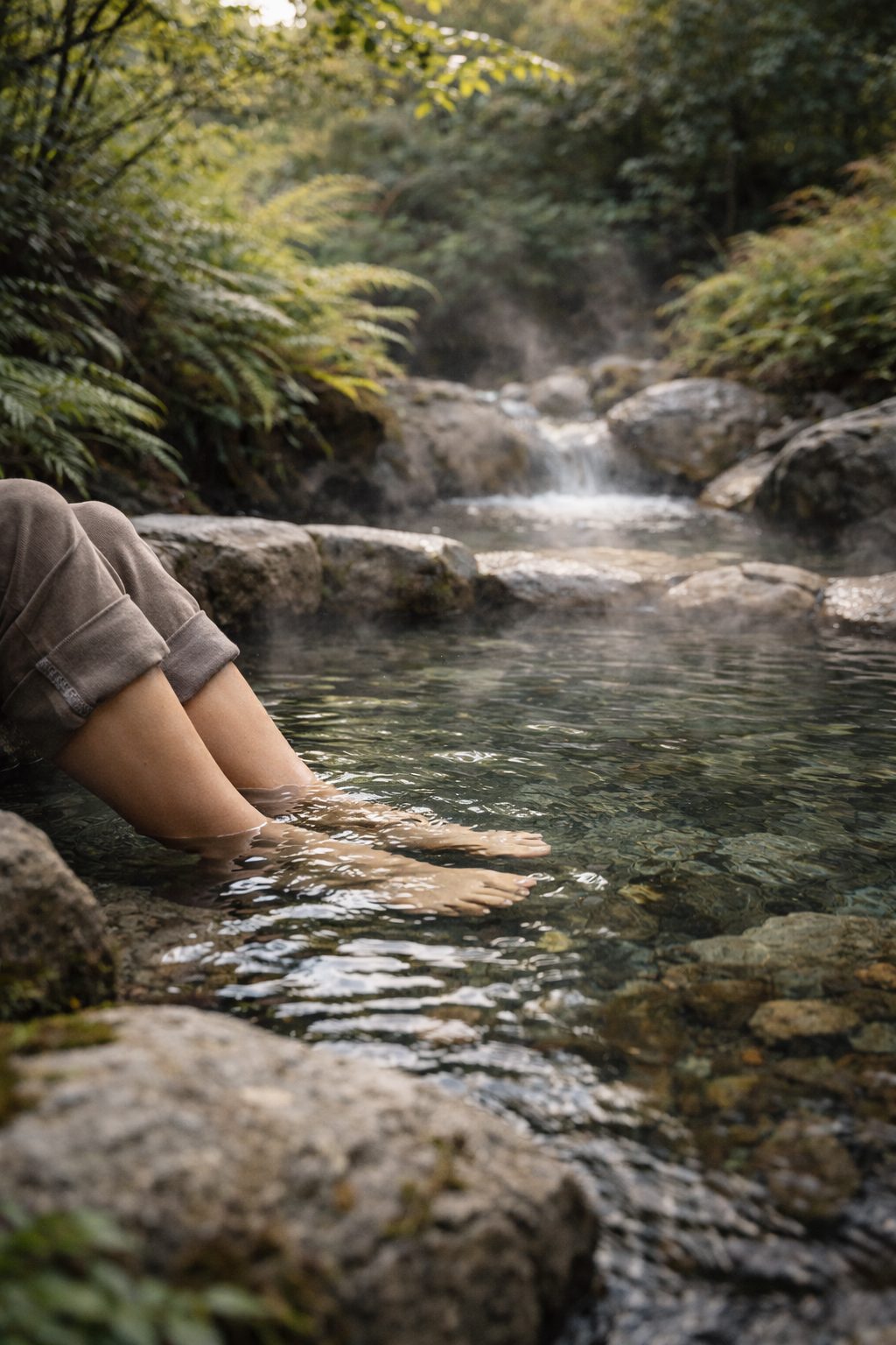 Personnes trempant les pieds dans une rivière alimentée par une source d’eau chaude, dans un environnement naturel et boisé