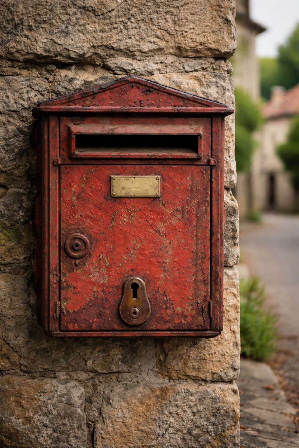 Ancienne boîte aux lettres rouge rouillée fixée sur un mur en pierre, symbole d’un espace de parole citoyenne locale