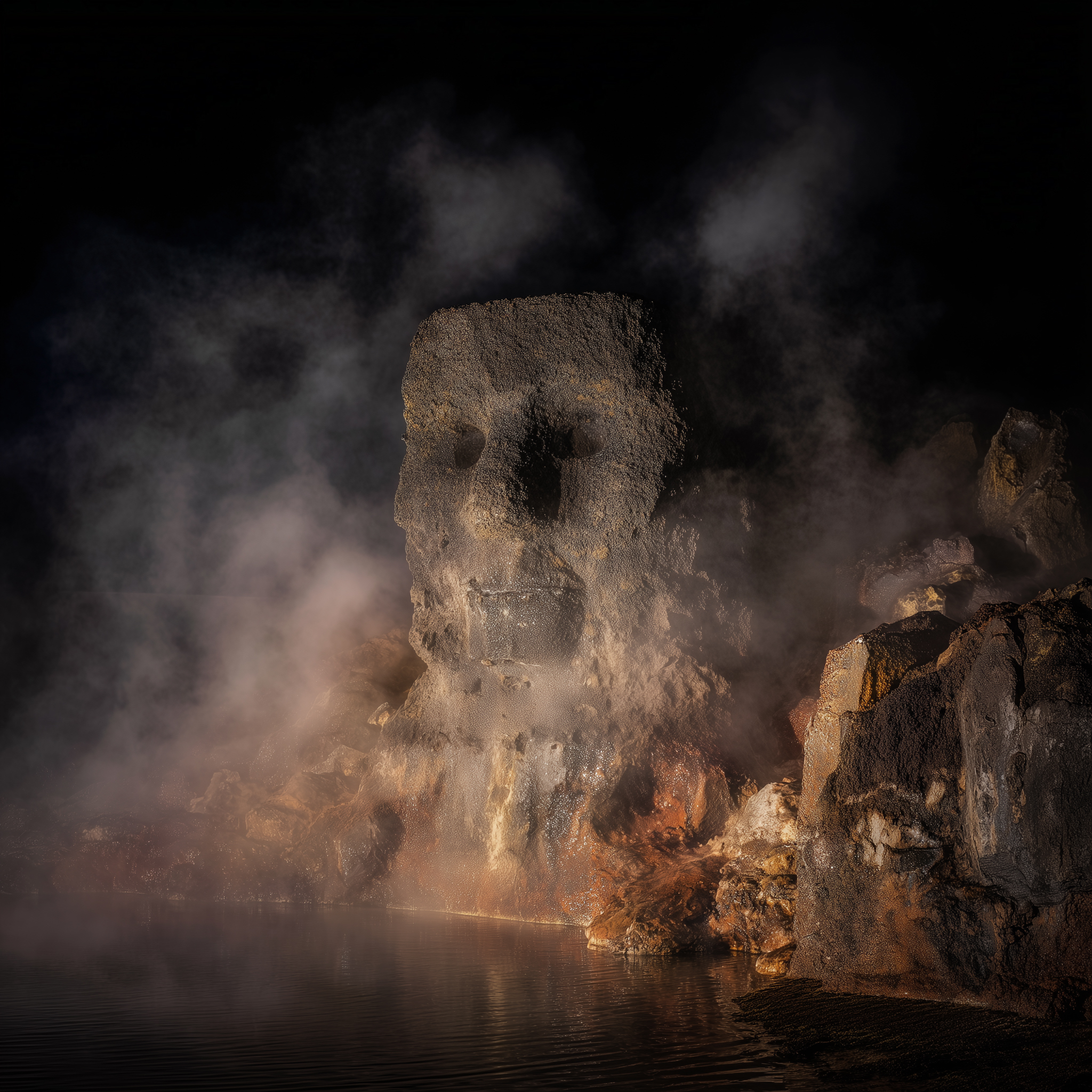 Formation rocheuse évoquant Borvo et Damona dans la vapeur des eaux chaudes à Chaudes-Aigues, symbole de l’histoire et de l’identité du village.