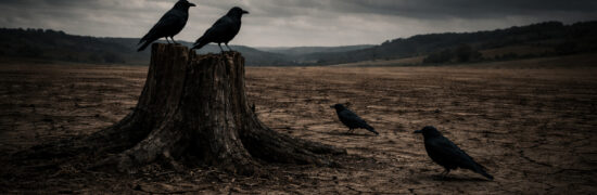 Paysage rural désertifié sous un ciel sombre avec une souche d’arbre et des corbeaux, symbole de la perte des services publics