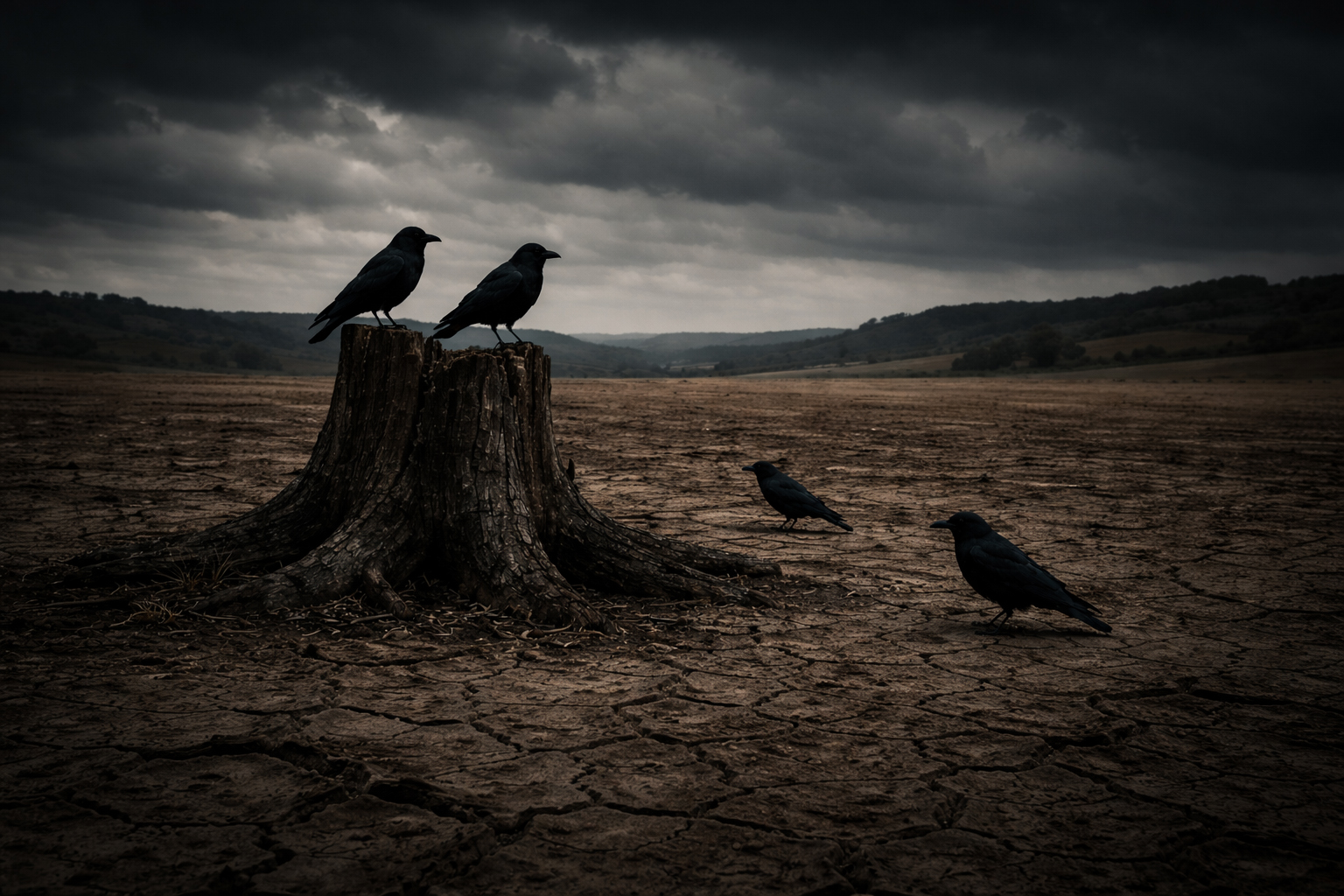 Paysage rural désertifié sous un ciel sombre avec une souche d’arbre et des corbeaux, symbole de la perte des services publics