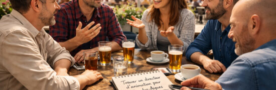 Discussion collective autour d’une table en terrasse à Chaudes-Aigues, illustrant la réflexion sur la coordination des animations et la vie locale du village