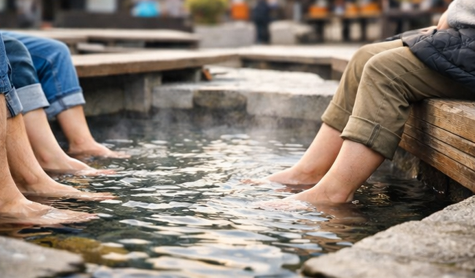 Pieds de plusieurs personnes plongés dans un bassin d’eau chaude à Chaudes-Aigues, avec de la vapeur visible, illustrant l’usage collectif de l’eau thermale.