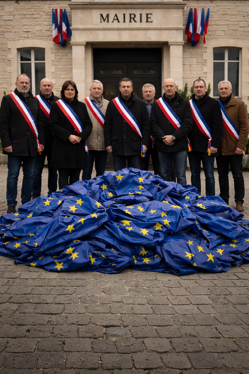 Groupe d’élus locaux devant une mairie française, drapeaux européens au sol, évoquant la crise agricole et les tensions dans les territoires ruraux.