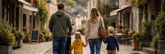 Famille avec enfants marchant dans une rue de village rural, illustrant la présence de jeunes familles et la nécessité de services adaptés