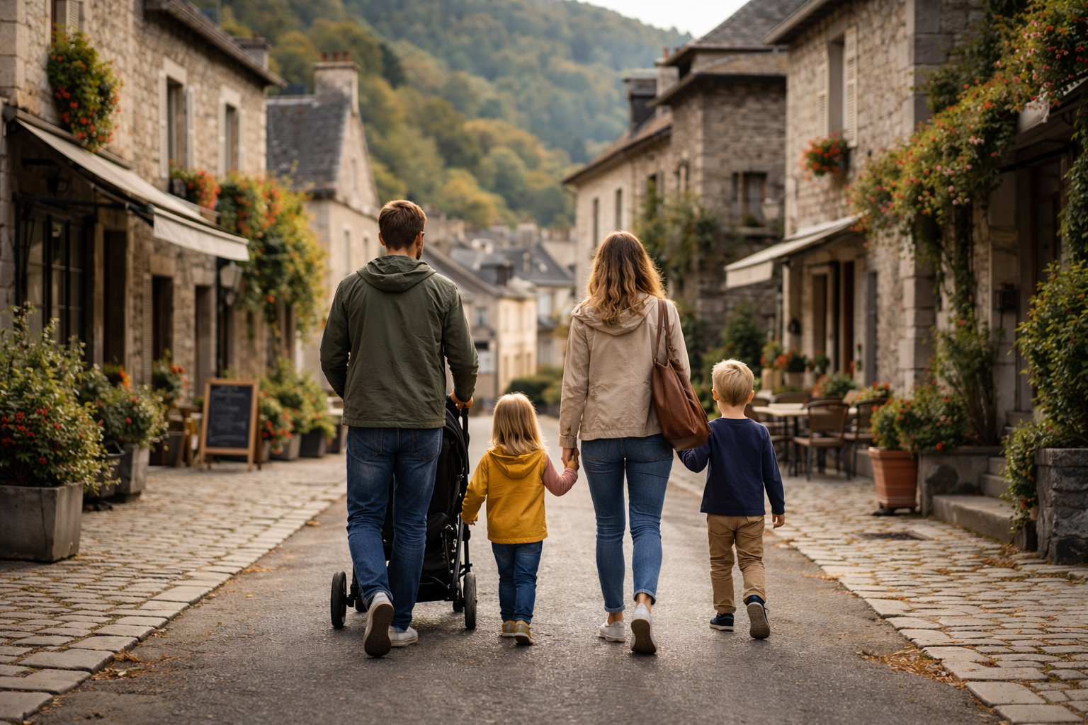 Famille avec enfants marchant dans une rue de village rural, illustrant la présence de jeunes familles et la nécessité de services adaptés