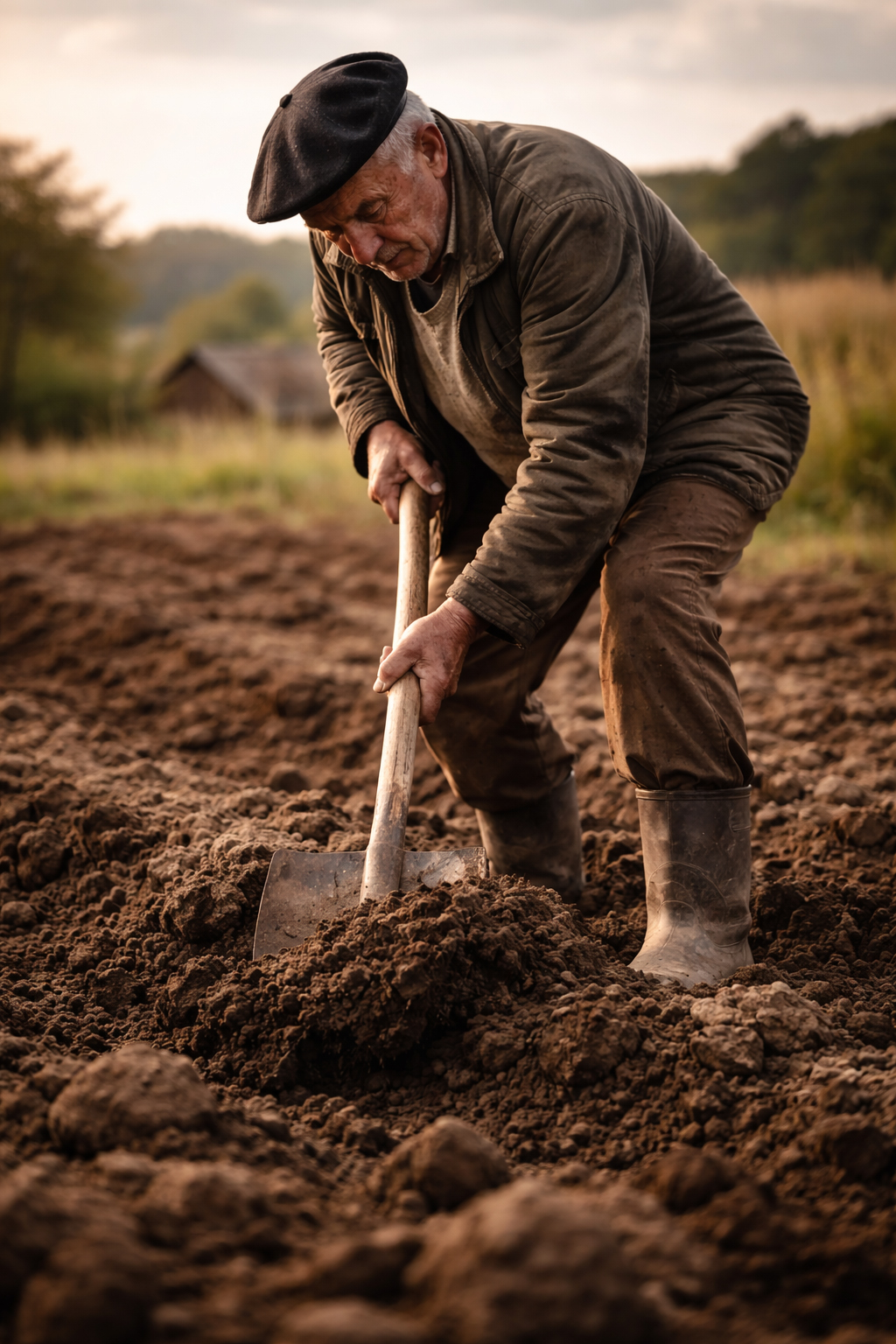 Vieil agriculteur de moyenne montagne retournant la terre à la bêche, symbole du monde paysan à Chaudes-Aigues