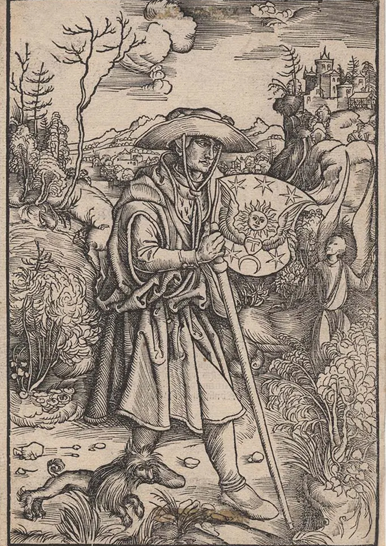 Gravure ancienne représentant un pèlerin de Saint-Jacques-de-Compostelle en marche, symbole du pèlerinage médiéval