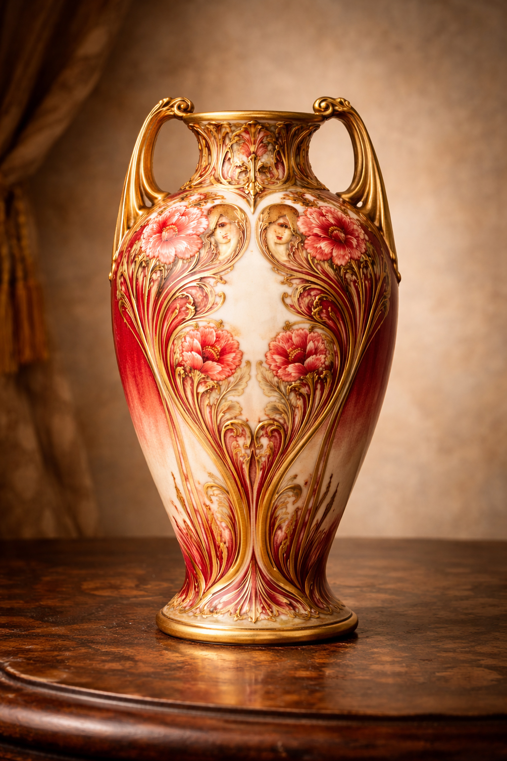 Potiche Art déco rouge inspirée d’Alphonse Mucha, symbole d’une parité affichée et d’un engagement citoyen fragilisé dans les communes rurales