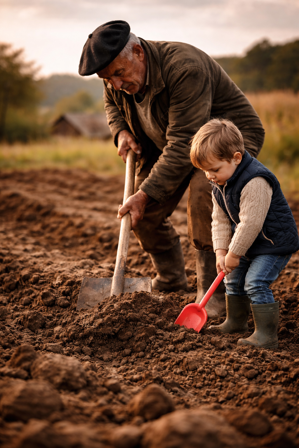 Grand-père et petit-enfant travaillant la terre ensemble dans une ferme de moyenne montagne du Cantal