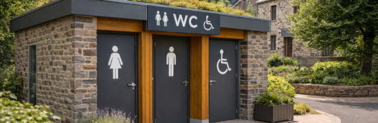 WC publics modernes accessibles aux personnes handicapées intégrés dans un village rural comme Chaudes-Aigues, vus en angle latéral