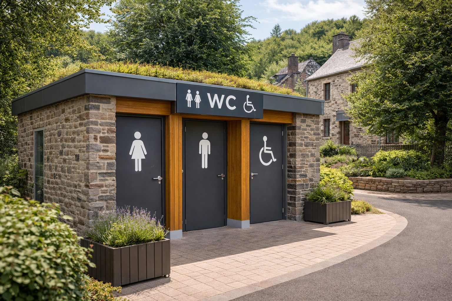WC publics modernes accessibles aux personnes handicapées intégrés dans un village rural comme Chaudes-Aigues, vus en angle latéral