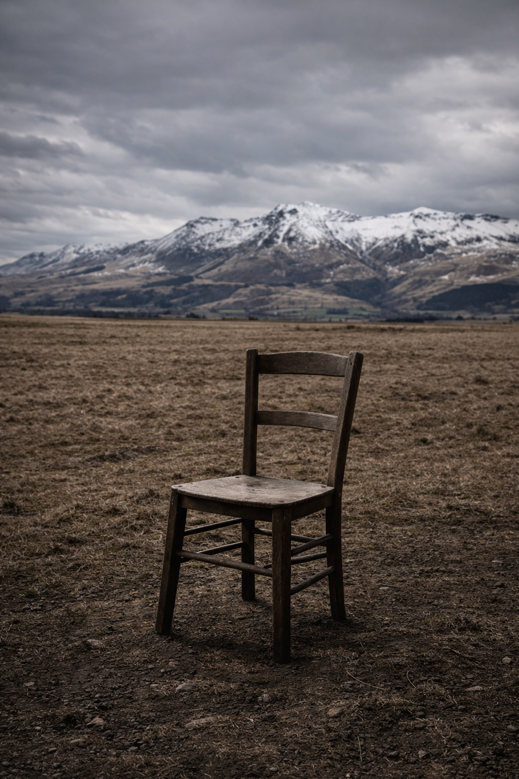 Chaise vide dans un champ du Cantal avec le Plomb du Cantal en arrière-plan