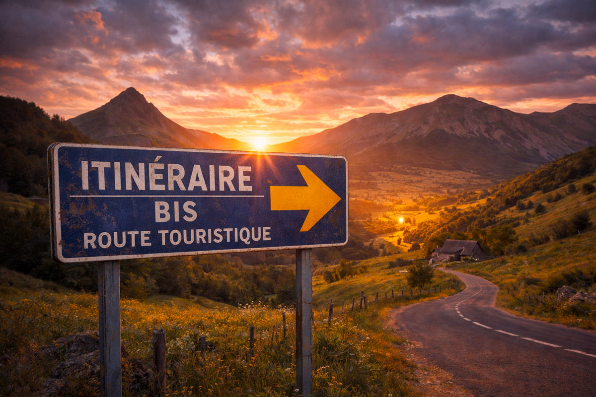 Panneau itinéraire bis route touristique D921 vers Chaudes-Aigues au coucher de soleil dans le Cantal