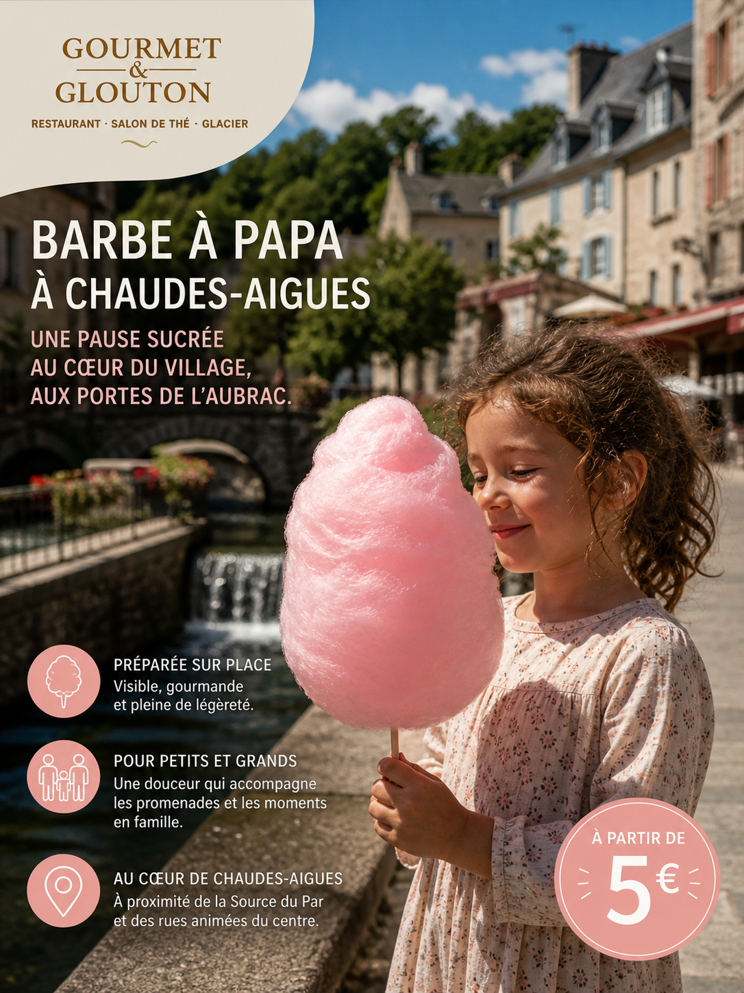 enfant barbe a papa chaudes aigues centre village aubrac