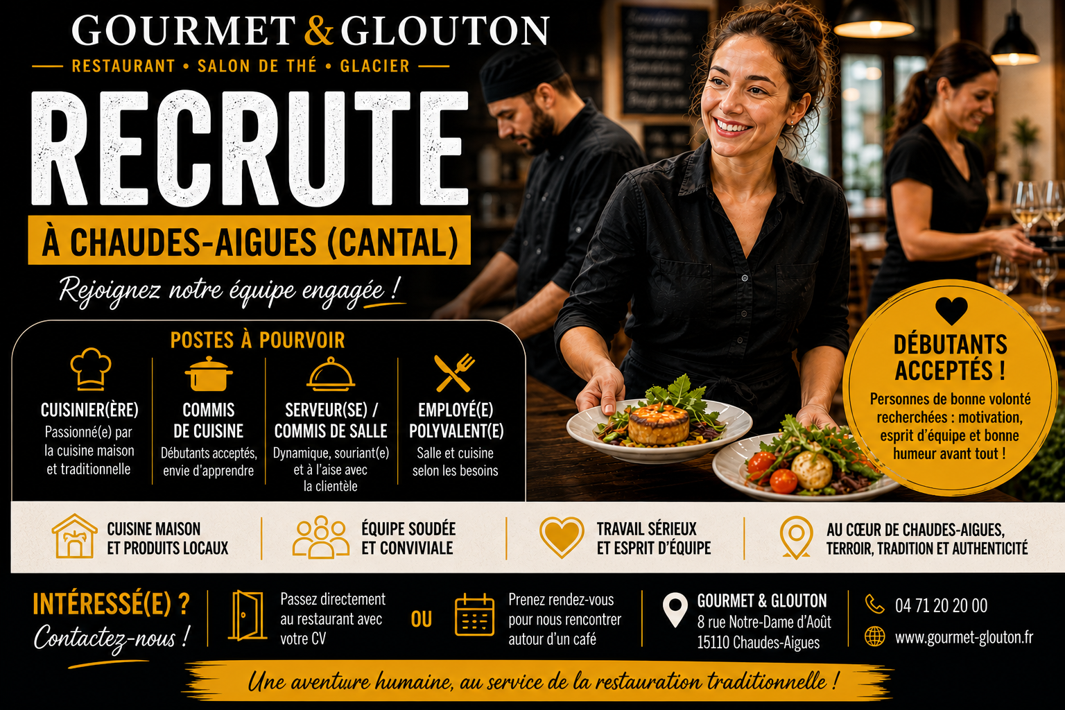 recrutement restaurant Chaudes-Aigues Gourmet Glouton postes cuisine salle débutants acceptés
