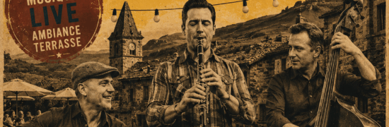 Affiche rétro des Terrasses Musicales 2026 avec Tripotes Swing chez Gourmet & Glouton à Chaudes-Aigues, soirée jazz manouche entre Aubrac et volcans d’Auvergne