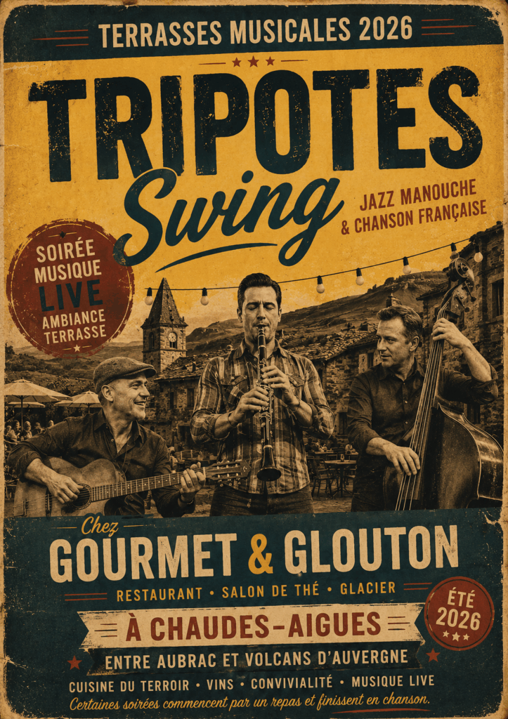 Affiche rétro des Terrasses Musicales 2026 avec Tripotes Swing chez Gourmet & Glouton à Chaudes-Aigues, soirée jazz manouche entre Aubrac et volcans d’Auvergne