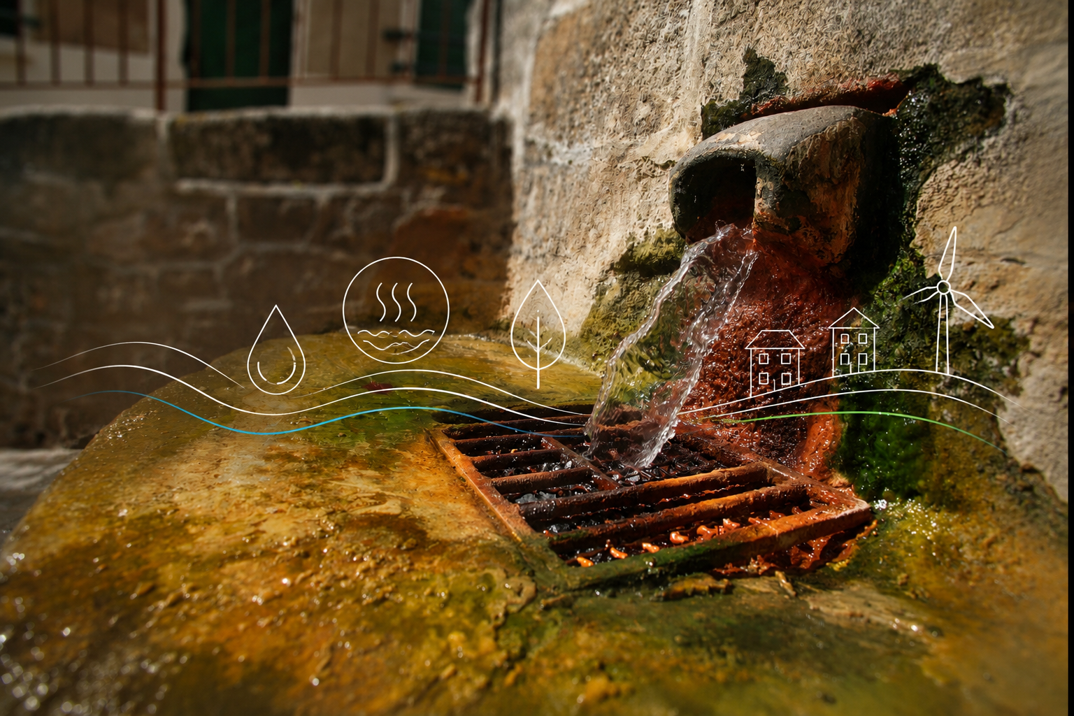 Source d’eau chaude à Chaudes-Aigues illustrée par des symboles de développement local, d’énergie, d’environnement et de valorisation du territoire dans le cadre des réflexions ThermEcoWat.