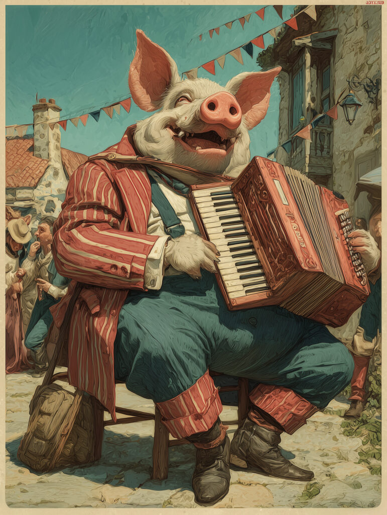 Illustration artistique représentant un accordéoniste dans un village d'Auvergne, évoquant les origines de la cabrette et du bal musette à Chaudes-Aigues.
