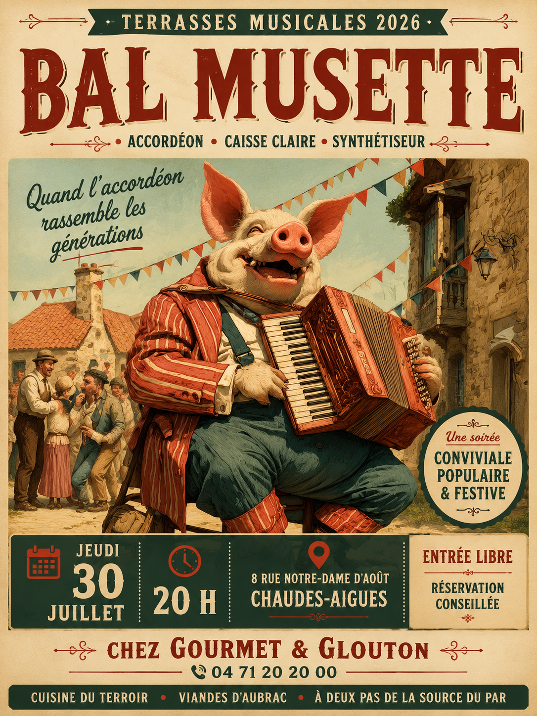 Affiche du bal musette à Chaudes-Aigues organisé chez Gourmet & Glouton dans le cadre des Terrasses Musicales 2026, le jeudi 30 juillet à 20 heures.