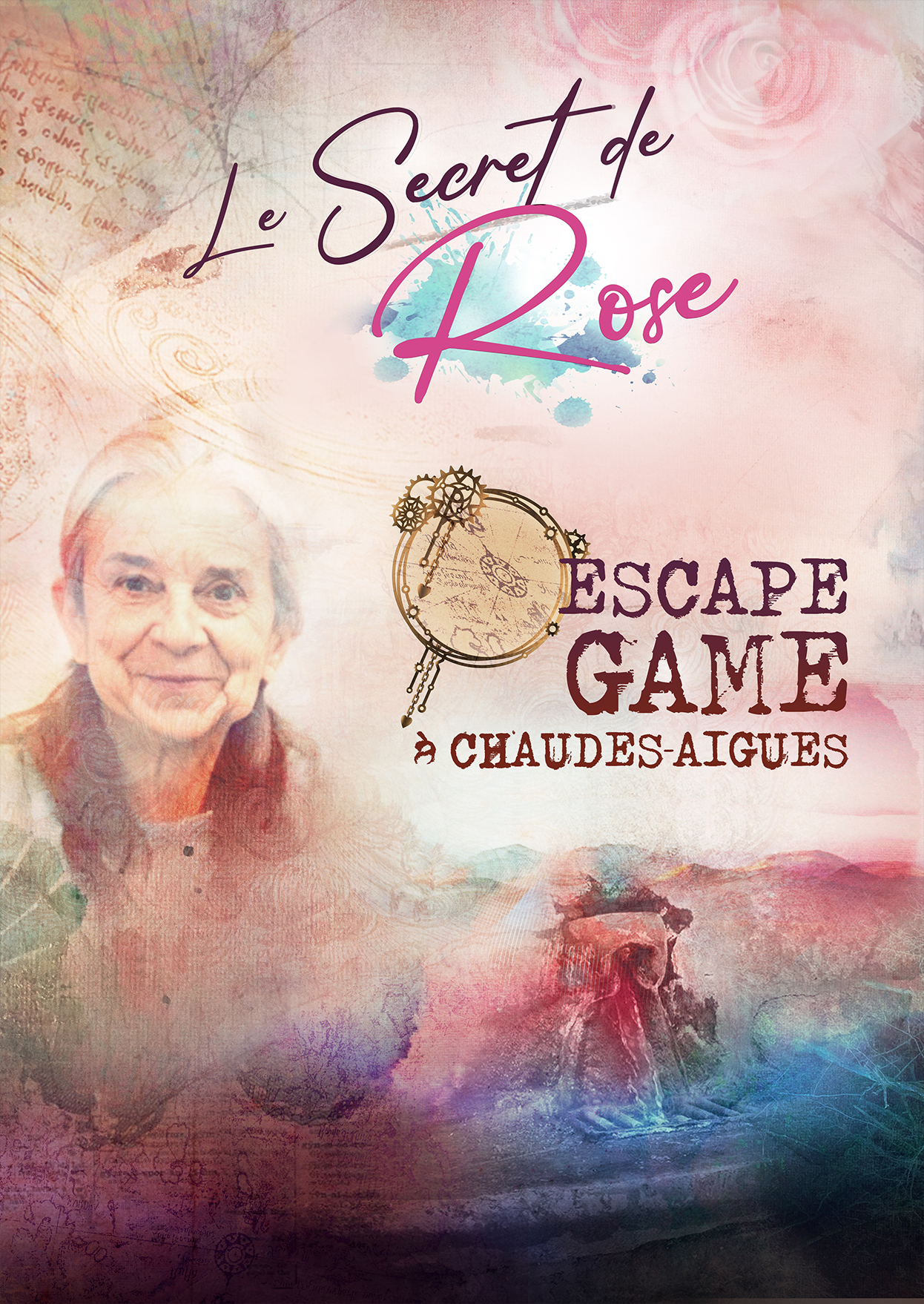 Affiche du Secret de Rose, expérience immersive et escape game situé dans le quartier historique de la Source du Par à Chaudes-Aigues, dans le Cantal.