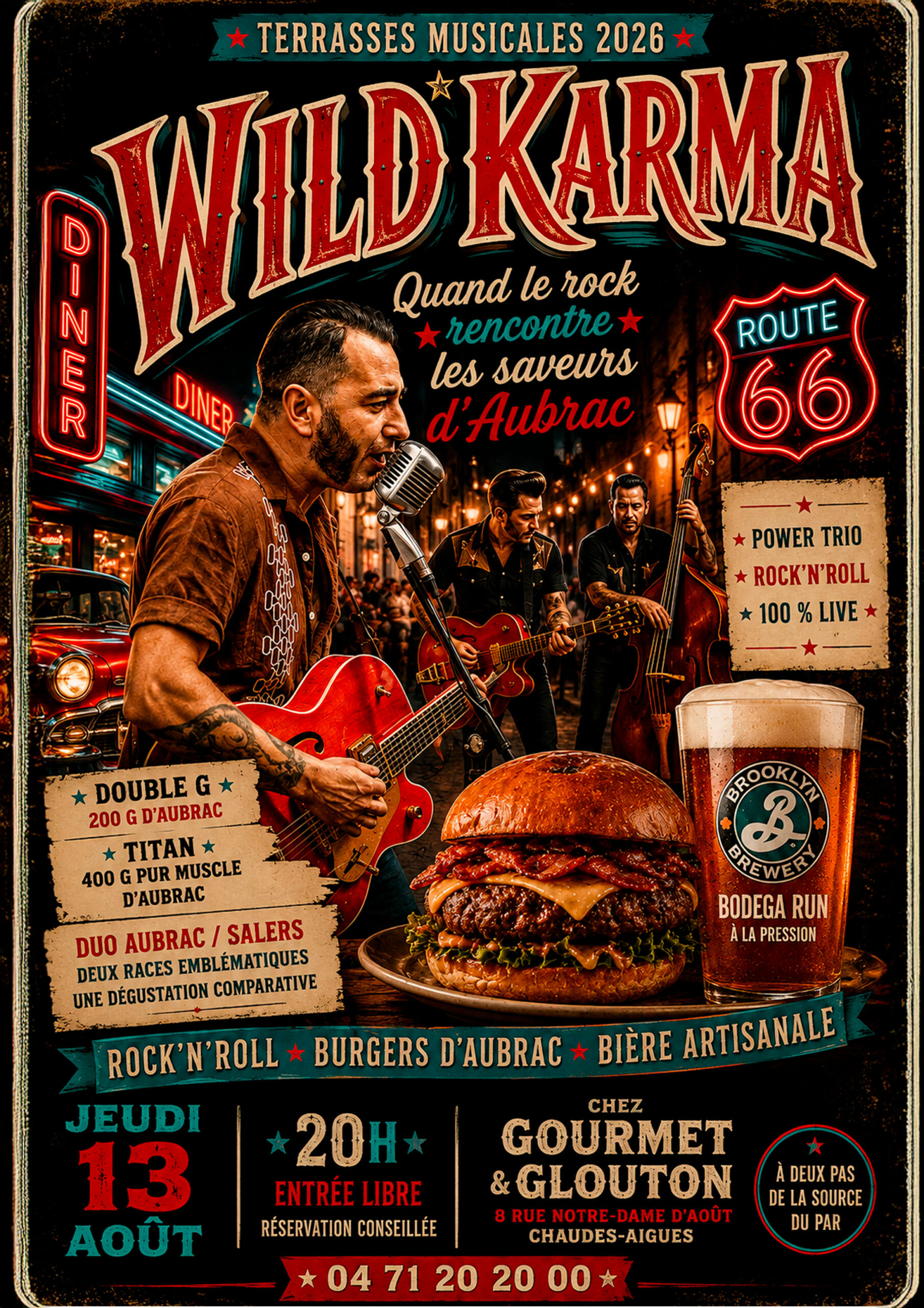 Affiche de Wild Karma à Chaudes-Aigues pour les Terrasses Musicales 2026, une soirée rock'n'roll au cœur du village avec burgers d'Aubrac et bière artisanale.