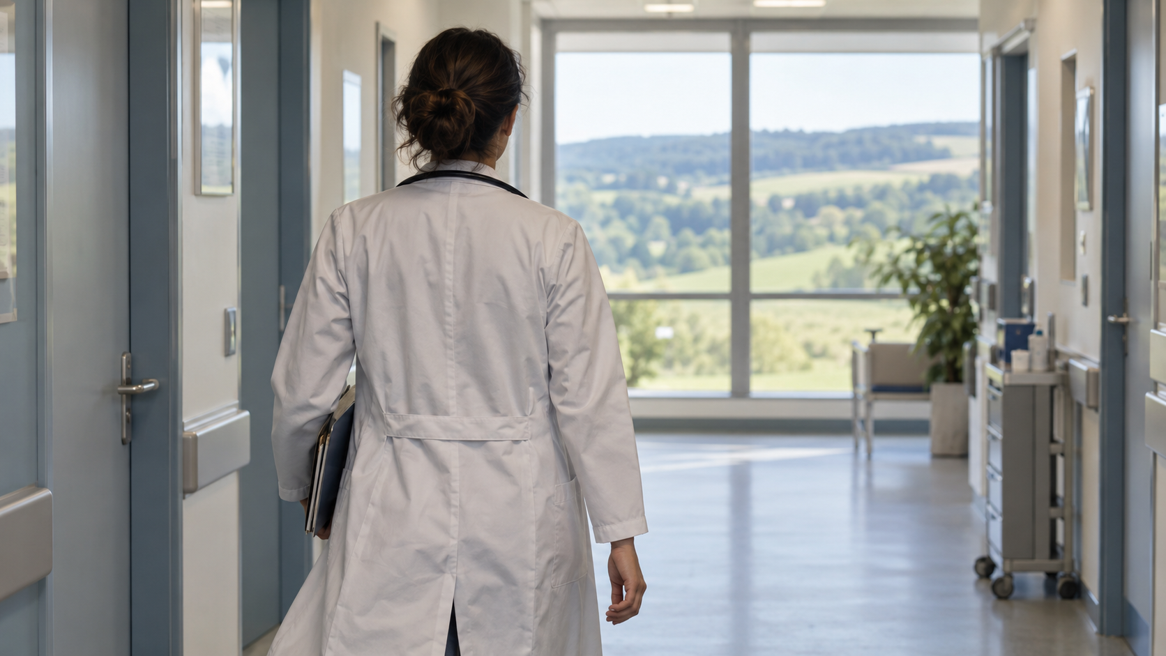 Femme médecin vue de dos avançant dans un couloir hospitalier.